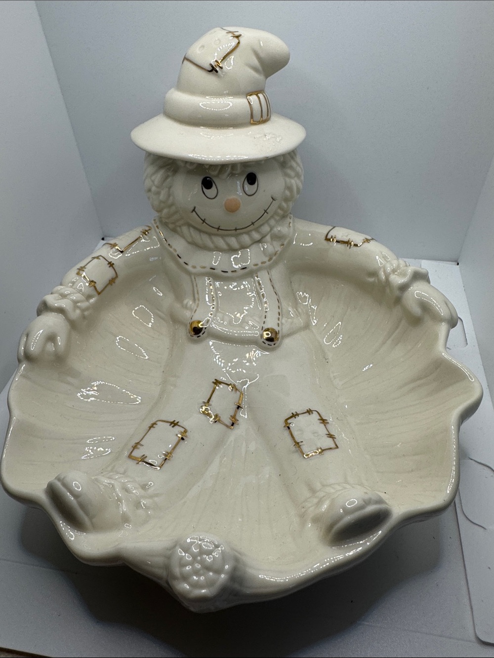 Lenox Halloween Ceramic Scarecrow Candy Dish in Cream with Gold Accents
